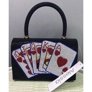 Alessia Women Beaded Playing Card Royal Flush Gambling Bag Casino Black Purse